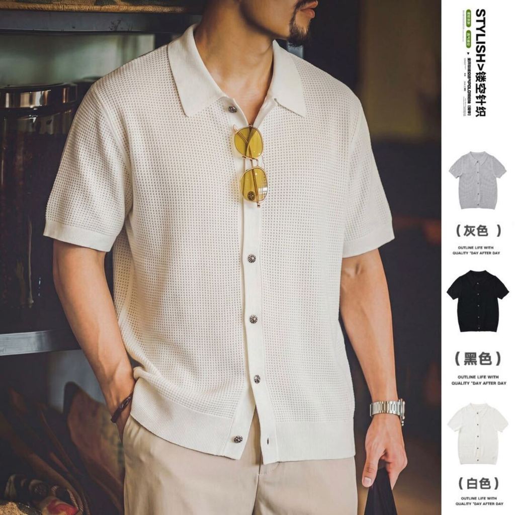 Wuluwear ถักเสื้อโปโลผู้ชายฤดูร้อนระบายอากาศฟองน้ำผ้าขนสัตว์ผสมหลวมสีทึบแขนสั้นสบาย ๆ