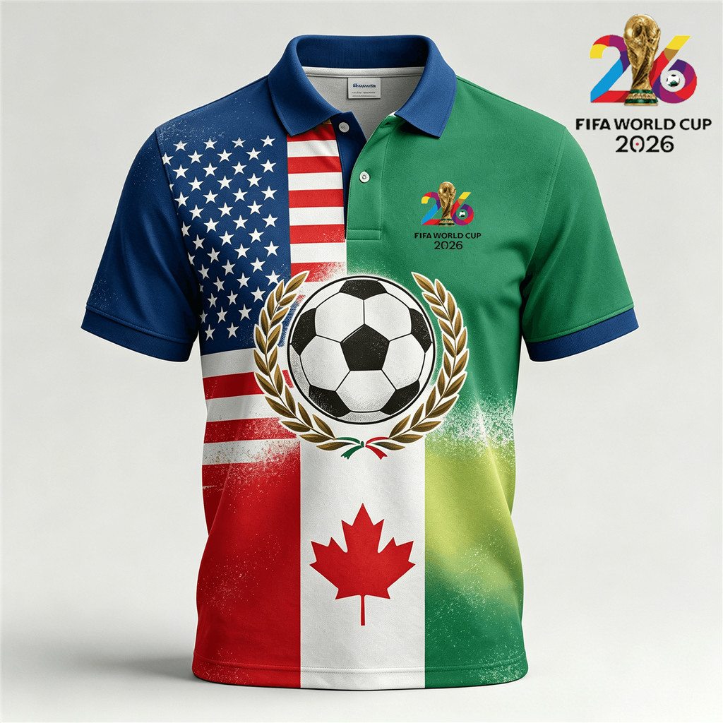 2026 เสื้อโปโล FIFA World Cup ดีไซน์ฟุตบอล บล็อกสี กีฬาลําลองด้านบน