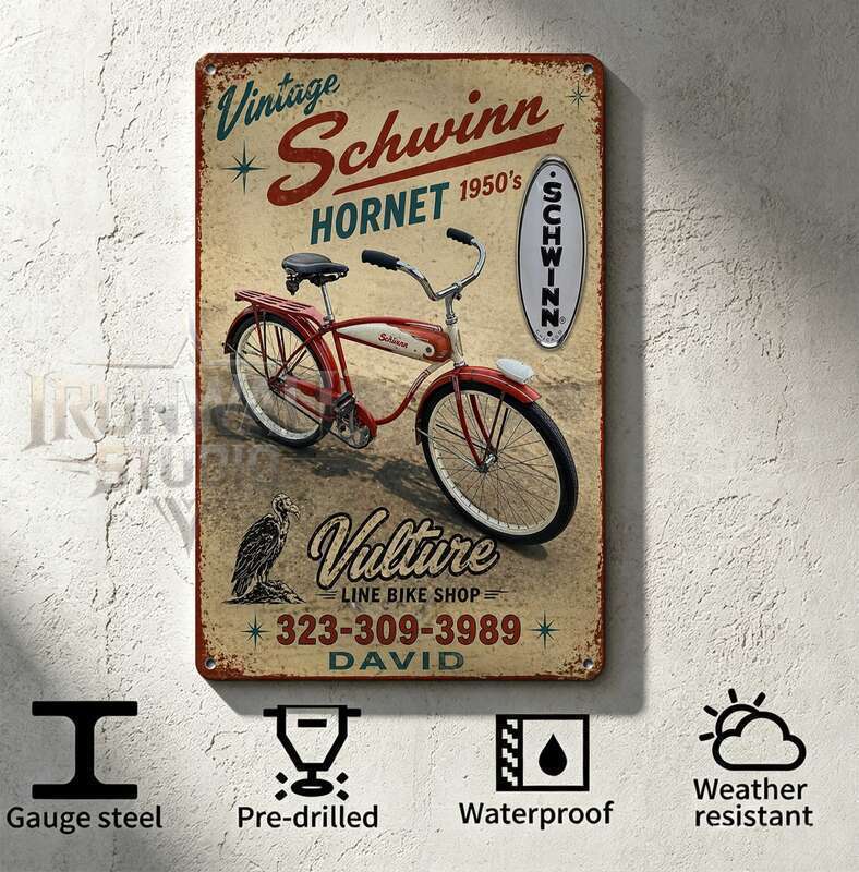 Vintage Schwinn Hornet 1950s จักรยาน Vulture จักรยาน Shop ป้ายโลหะที่กําหนดเองฟรีออกแบบสําหรับโรงรถ 