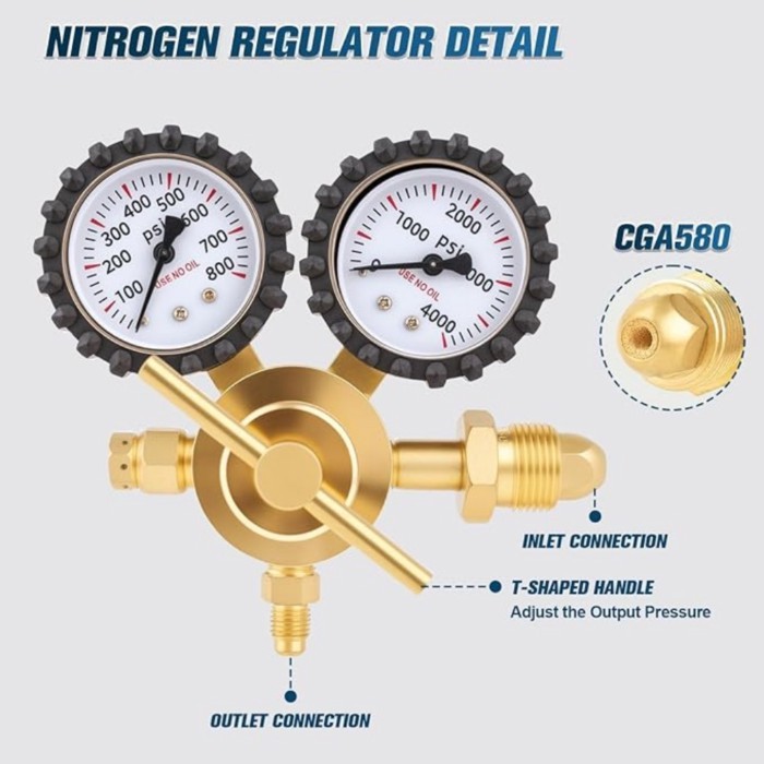 Nitrogen Regulator, 0-800PSI Nitrogen Regulator HVAC with CGA580 Inlet, 1/4" Male Flare Outlet Conn