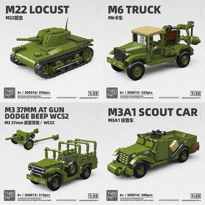 C Military World War II Tank Anti-Tank M22 Locust Tank Building Bloc M6 Truck M3a1 Car Model Toys B