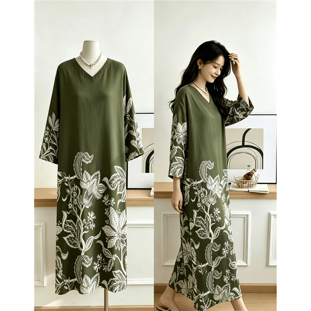 ชุดเดรส Kaftan พิมพ์พฤกษศาสตร์สีเขียวมะกอก, ชุดแม็กซี่ทรงหลวมแขน 3/4 สไตล์โบฮีเมียนเรียบง่าย