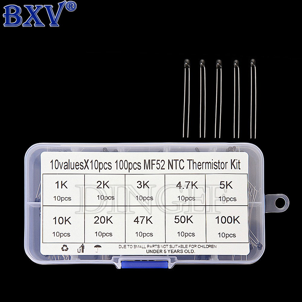100 ชิ้น NTC Thermistor Kit - 10 ค่า (1K ถึง 100K) MF52 ตัวต้านทานความร้อนเคลือบอีพ็อกซี่, B=3950K ±