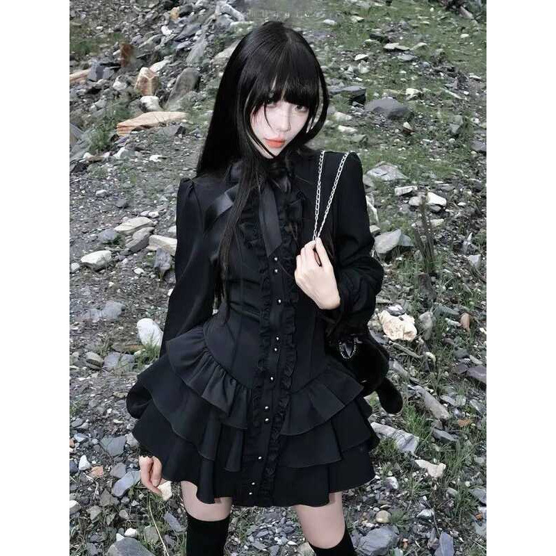 C Gothic Vintage Lace Y2k Mini Dress Women Design Streetwear Black Lolita Slim Dress Long Sleeve El