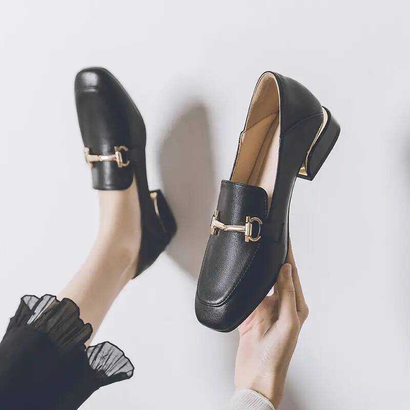 C Women's Summer Footwear Square Toe Shoes For Woman 2025 Low Heel Elegant Office Loafers Black Ury