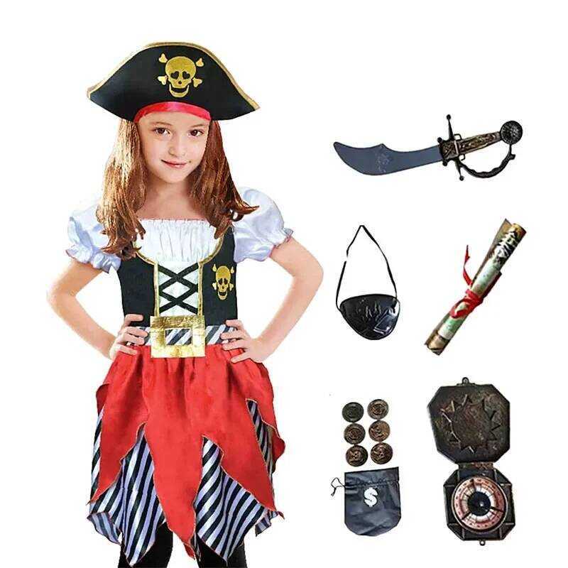 C 3-12 Years Old Dee Pirate Costume Printed Pirate Princess Dress With Hat Pirate Gold Coin Pirate