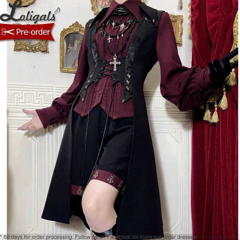 C Retro Gothic Ouji Lolita Long Vest / Medieval Straight Shorts / Wine Red Shirt ~Red And Black 4.0
