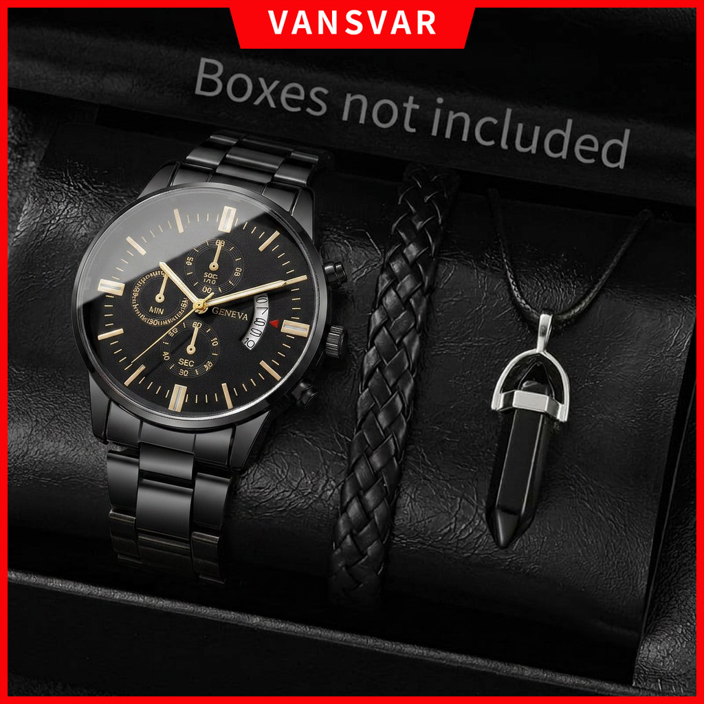 3pcs Mens นาฬิกาชุด Casual รอบ Dial พร้อมปฏิทินธุรกิจนาฬิกาควอตซ์สร้อยข้อมือสร้อยคอ (ไม่มีกล่อง)
