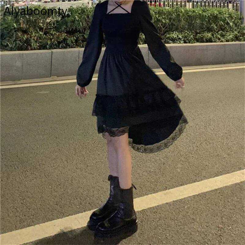 C New Gothic Women Black Fairy Party Dress Cross Square Collar Lolita Princess Irregular Dress Cute