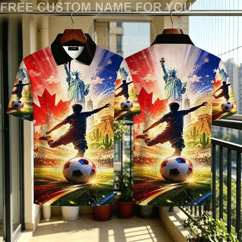 2026 USA Canada Mexico World Cup Polo Shirt - Dynamic Silhouette Soccer Player รูปปั้น Liberty & Map