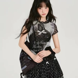 American Retro Hot Girl Gauze พิมพ์เสื้อยืดแขนสั้นผู้หญิงฤดูร้อนสไตล์ใหม่ Polka Dot Slim-Fit Top