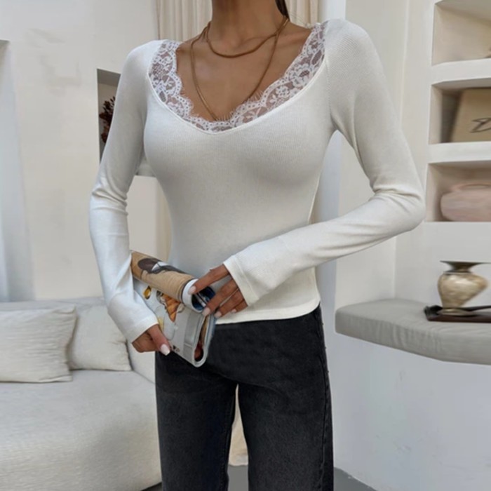 YL25444PFO Cross-Borderสไตล์ใหม่Bottomingเสื้อลูกไม้Vคอแขนยาวลูกไม้ด้านในเสื้อยืดผู้หญิง
