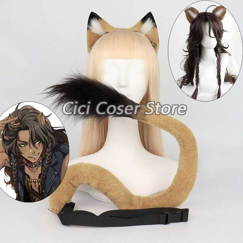 C Game Twisted-Wonderland Leona Kingscholar Cosplay Wig Ears And Tail Brown Braid Long Curly Hallow