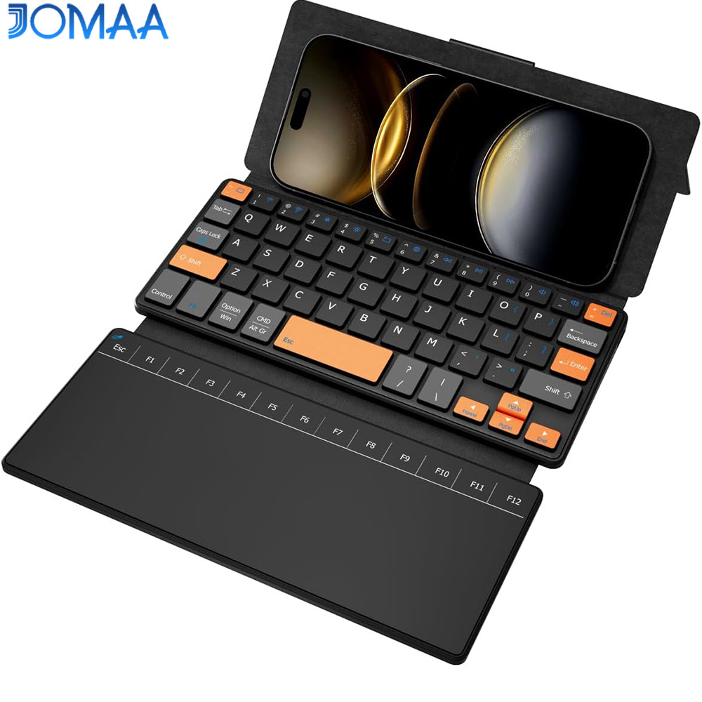 คีย์บอร์ดไร้สายสําหรับเดินทาง JOMAA พร้อมแป้นพิมพ์ Bluetooth แบบชาร์จได้ทัชแพดพร้อมแทร็กแพดขนาดใหญ่และขาตั้งมุมใดก็ได้