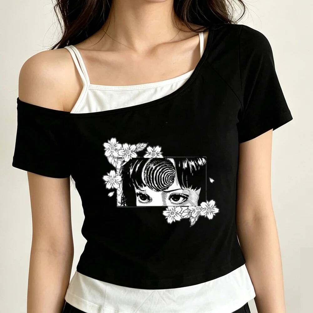 Ito Junji เสื้อครอปผู้หญิง clearance ฉาก streetwear น่ารัก y2k เสื้อยืด streetwear jojifuku มังงะ