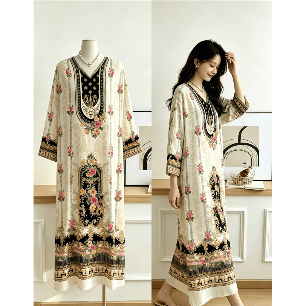 ชุดเดรส Kaftan พิมพ์ลายดอกกุหลาบวินเทจ, ชุดเดรสแม็กซี่ทรงหลวมแขน 3/4 สีดําสีเบจ, สไตล์ Boho หรูหรา