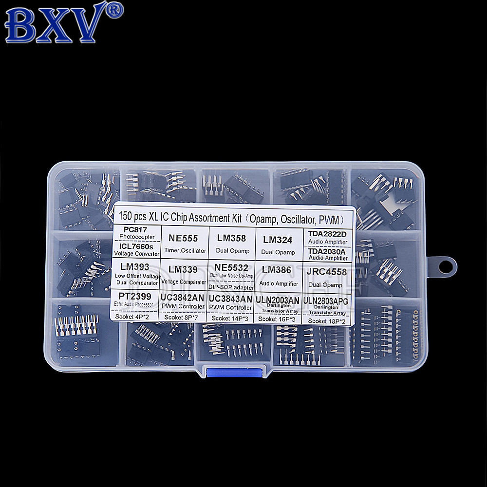 150 ชิ้นยอดนิยม IC Chip Assortment Kit - PC817, NE555, LM358, LM393, LM339, JRC4558 พร้อมอะแดปเตอร์ 