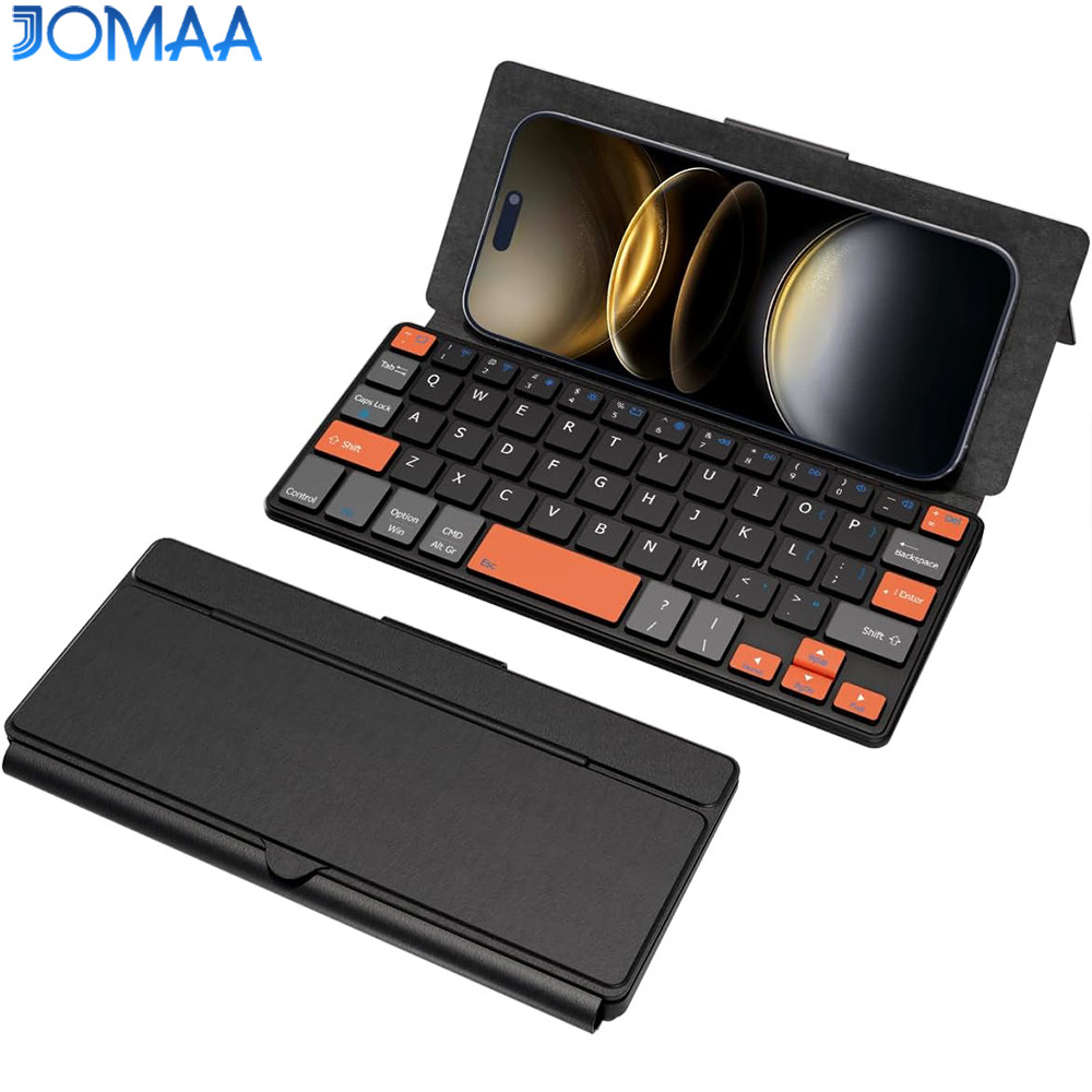 JOMAA คีย์บอร์ดไร้สาย Bluetooth คีย์บอร์ดขนาดเล็กพร้อมขาตั้งปรับมุมได้และเคสหนังคีย์บอร์ด Bluetooth สําหรับเดินทางแบบชาร์จไฟได้