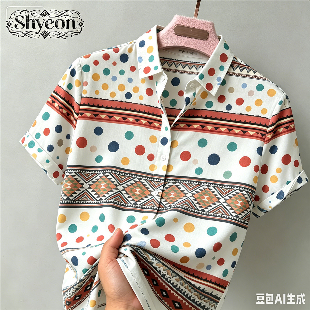 เสื้อเชิ้ตแขนสั้นพิมพ์ลาย Polka Dot & Tribal สีสันสดใสสําหรับผู้ชาย