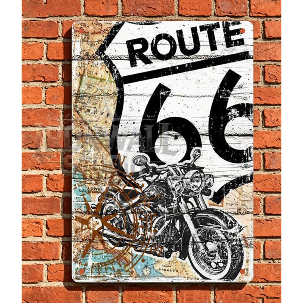 Route 66 ป้ายโลหะรถจักรยานยนต์ Vintage Bike Over Old Road Map - Retro Highway Travel Wall Plaque M0t