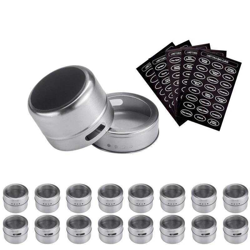 C LMETA Magnetic Spice Jar Set With Stickers Stainless Steel Spice Tins Spice Storage Container Pep