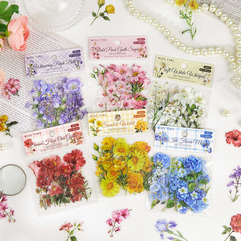 50 ชิ้น/ล็อต Kawaii สติกเกอร์สมุดภาพหยิบดอกไม้บานเบา Scrapbooking อุปกรณ์ไดอารี่ Planner ตกแต่ง