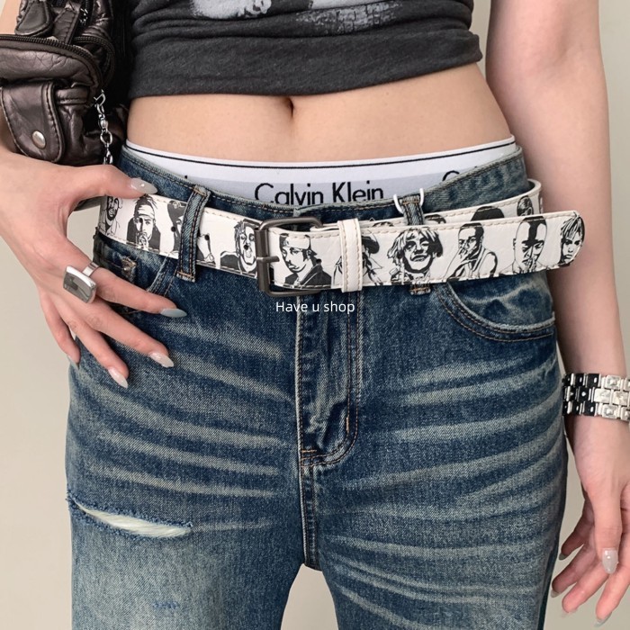 Have u shop American Retro Graffiti Portrait Print Distressed Belt Female Punk Style Y2K Metal Buckl
