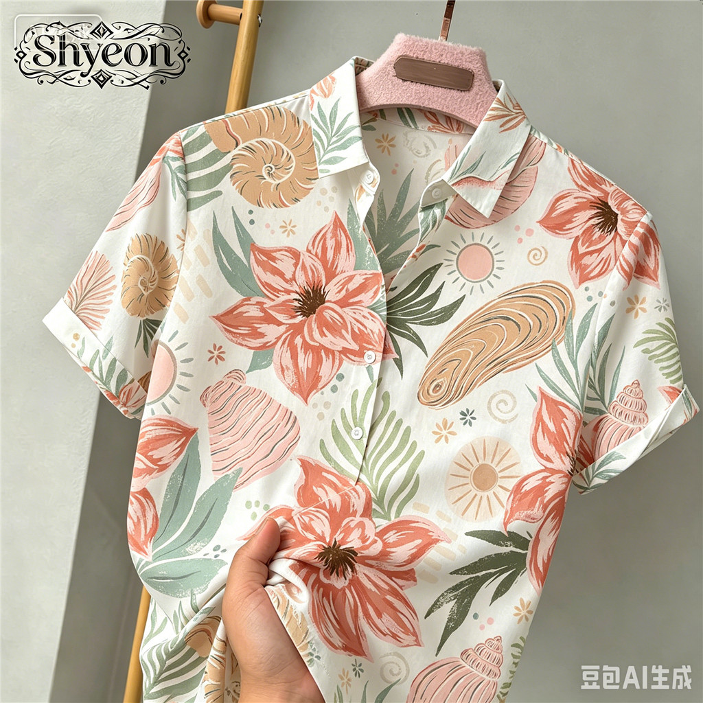 เสื้อเชิ้ตแขนสั้นพิมพ์ลายเปลือกหอยเขตร้อนและดอกไม้สําหรับผู้ชายฤดูร้อนด้านบน