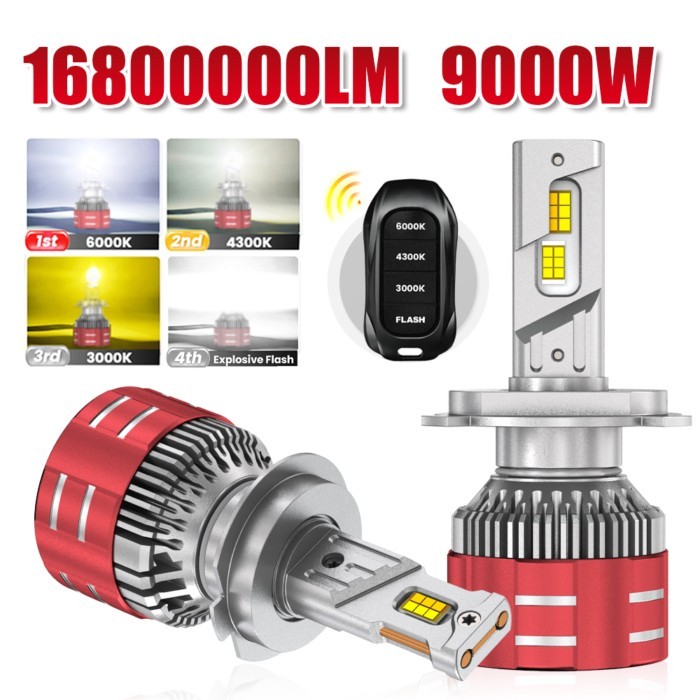 9000W H7 LED Headlights with H1 H4 H11 9005 9006 9012 6000K 4300K 3000K Three Color Remote Control
