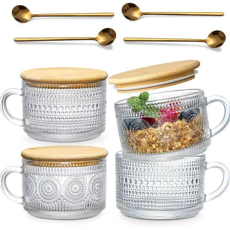 C 4-Piece Set Of 15.2Oz/450Ml Glass Cups And Wooden Lids, Vintage Glass Coffee Cups Are Perfect For