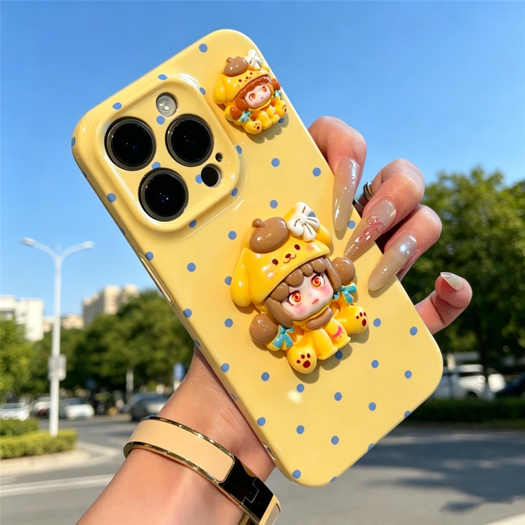 อินเทรนด์ 3D ตุ๊กตาน่ารักเคสโทรศัพท์สําหรับ VIVO V50 V40 LITE V25 V20 PRO V60 V27 V23E V23 V15 สีเหลือง Polka Dot สไตล์กันกระแทก Glossy hard Cover