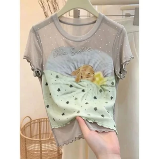 ฤดูร้อนสไตล์ใหม่หวานน่ารักสไตล์ลายจุดกระต่ายพิมพ์เสื้อยืดผู้หญิงฤดูร้อนเร้าใจขนาดใหญ่แขนสั้นด้านบน