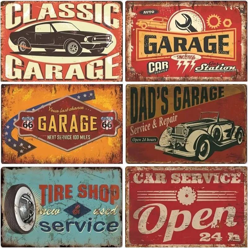 Dads Garage ป้ายดีบุกโลหะโปสเตอร์ Vintage Route 66 รถโลหะ Tinplate Retro Plaque โรงรถยาง Shop Wall D