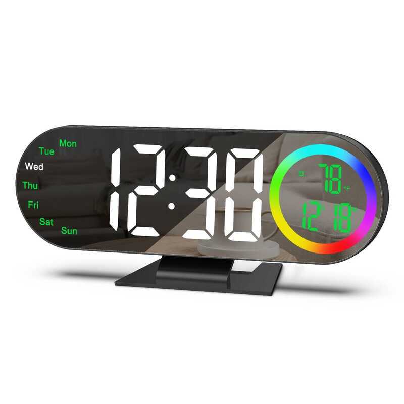 C ORIA LED Mirror Clock 8.5" Alarm Clock With 16 Color RGB Light USB Powered Table Clock Temp Week