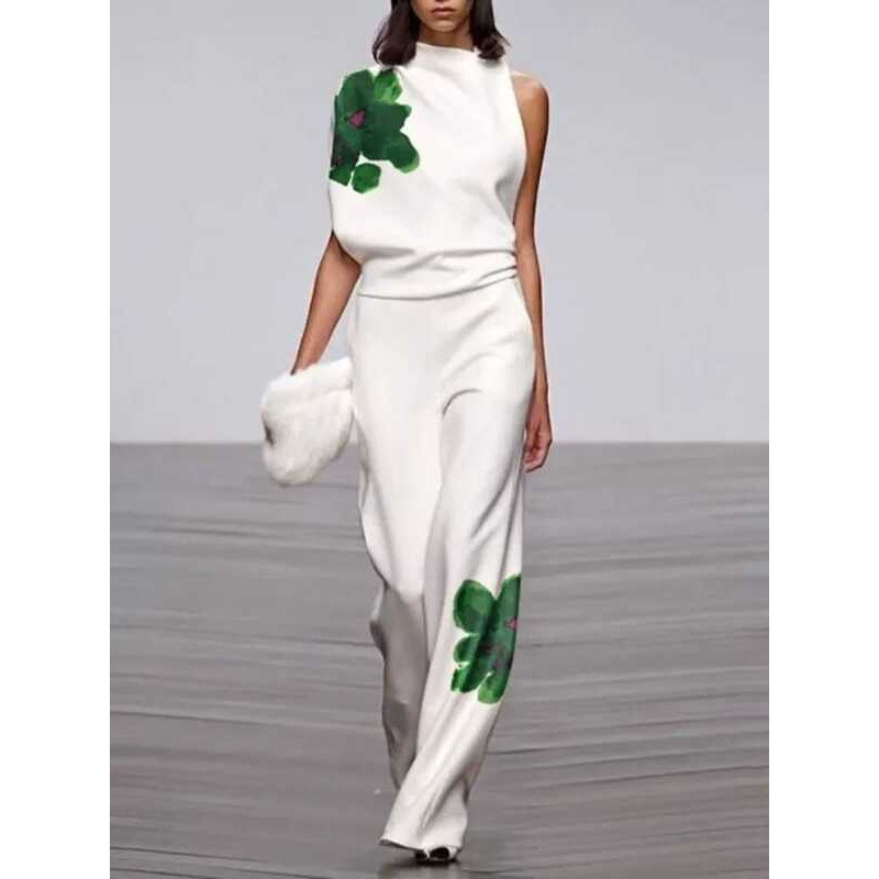 C UOOZEE 2025 New Summer Women's 2 Piece Sets Fashion Ral Printed High Neck One-Shoulder Tops & Hig