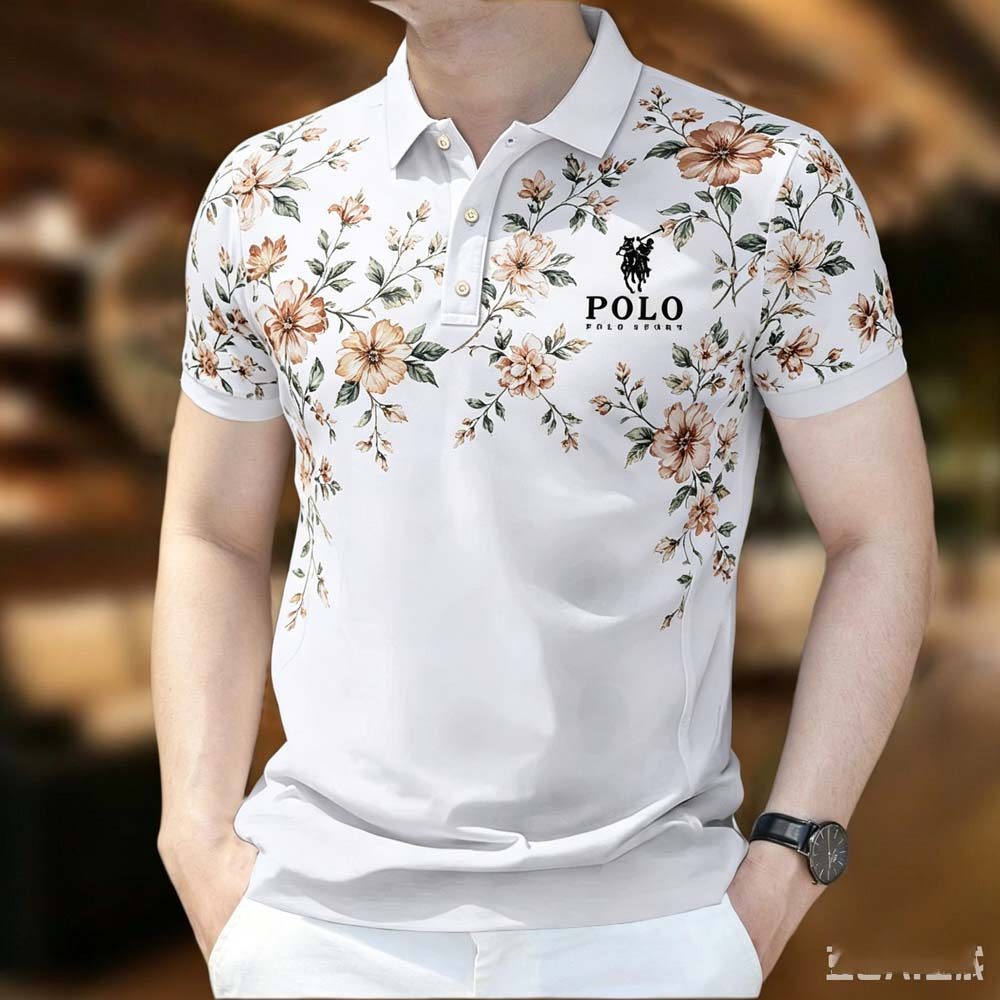 แฟชั่นเสื้อโปโลผู้ชาย2026มาใหม่ฤดูร้อนสบายๆแขนสั้นปุ่มลงดอกไม้พิมพ์สลิมฟิต