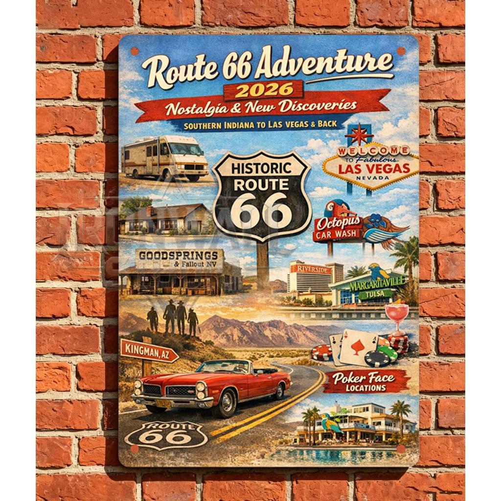 Route 66 Adventure 2026 Travel โปสเตอร์ป้ายโลหะ Las Vegas, Kingman & Classic Cars - Historic Highway