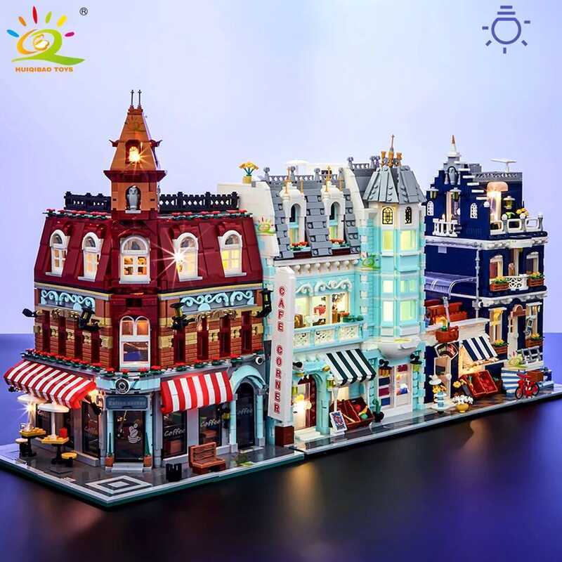 C HUIQIBAO Toys MOC City Corner Coffee Shop Architecture Style Street View Micro Building Bloc For
