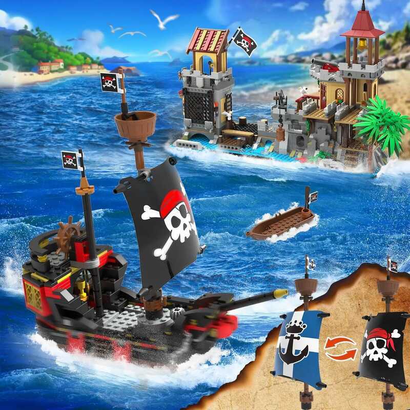 C Pirate Castle Building Set With Light-3 Modes Big Pirates Ship Bay Medieval Pirate Wharf Model To
