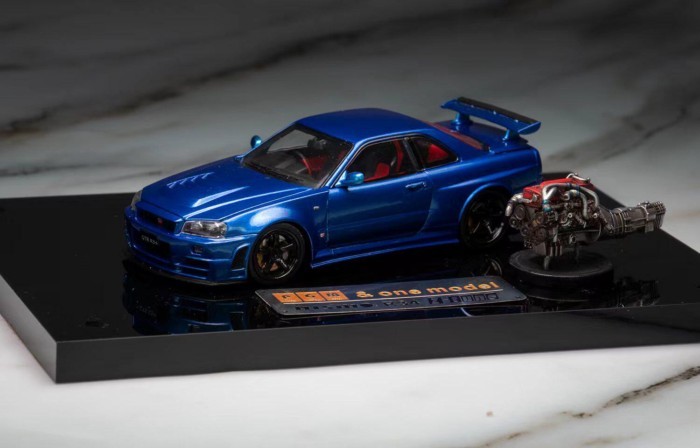 PGM 1: 43 Nissan GTR R34 Z-TUNE Metal Blue Alloy Full Open รถจําลองรุ่น