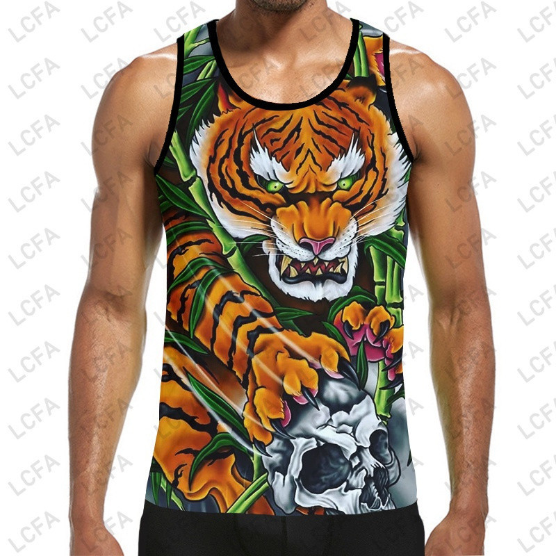 Flame Tiger 3D พิมพ์รูปแบบผู้ชาย 3D เสื้อกั๊ก O คอแขนกุด Street ยี่ห้อ Jersey Tank Top Country Stree