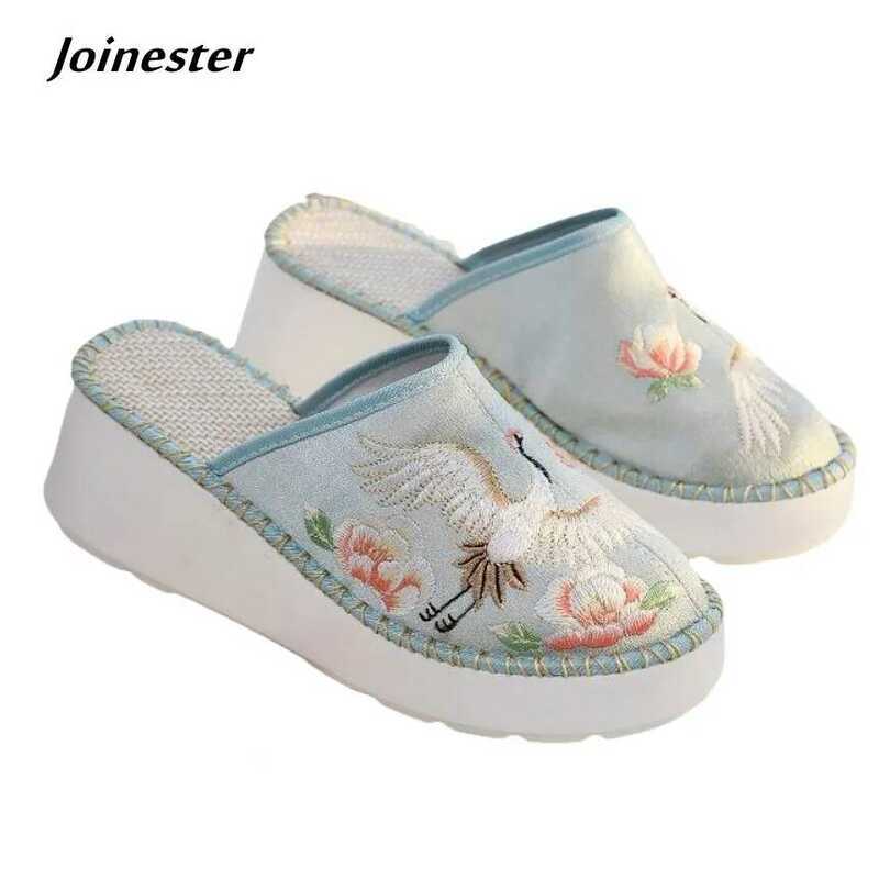 C Women Round Toe Embroidered Summer Wedge Slipper Vintage Style Thick Soled Dress Shoe For Ladies