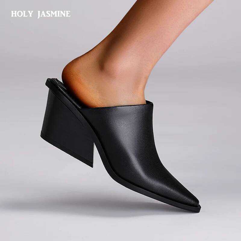 C Kaky's New Cow Pasted Leather Pointed Wedge Heels High Heels Women's Shoes Large Slippers Wrapped
