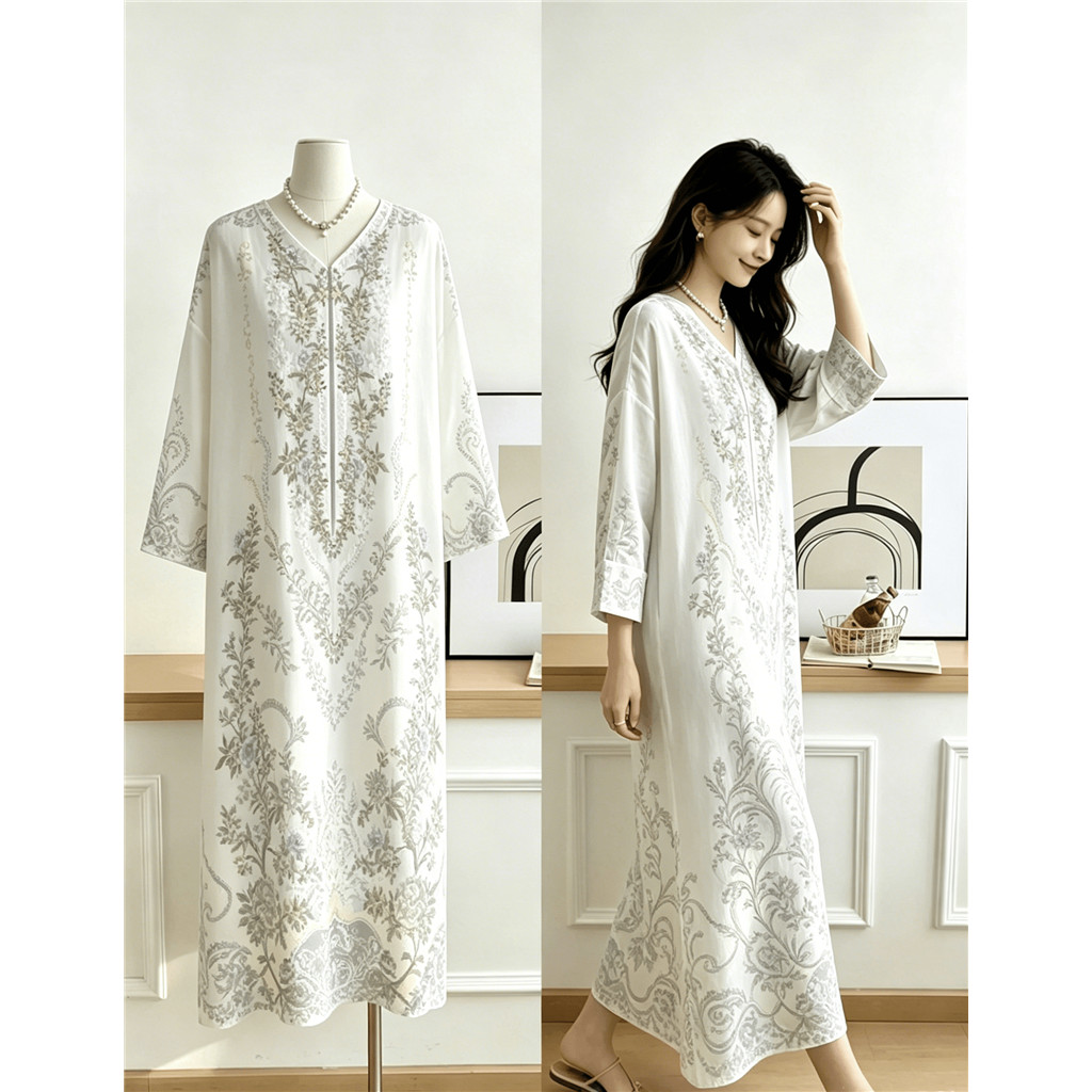 ชุดเดรส Kaftan พิมพ์พฤกษศาสตร์หรูหรา, เดรสคอวีสีขาวและสีเทา 3/4 แขนทรงหลวมชุดแม็กซี่ยาว, Boho Chic