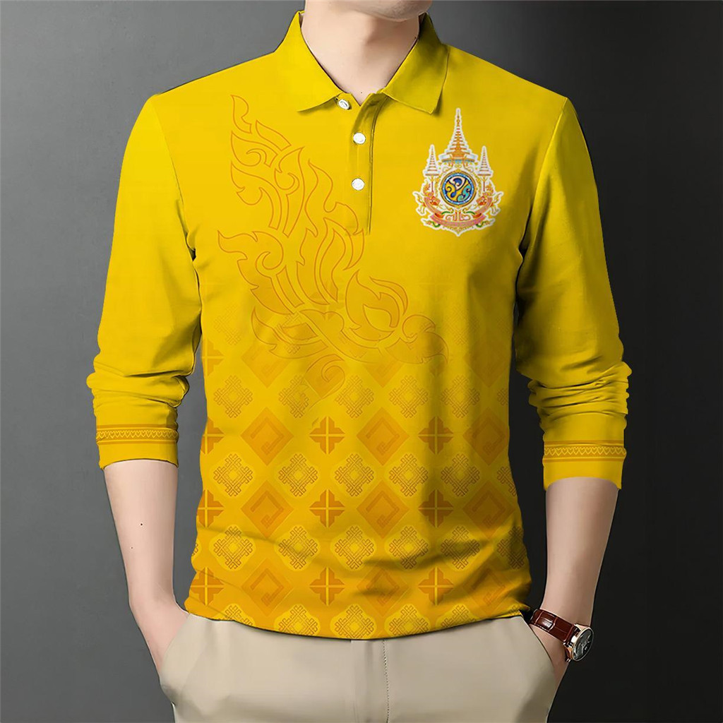 เหลืองเสื้อโปโลชายแขนยาว 73 พรรษา โปโล ซับเหงื่อ เนื้อนิ่ม ใส่สบาย ใส่ได้ทั้งชายและหญิง
