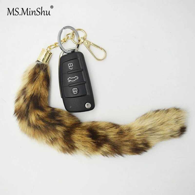 C Natural Fur Tail Keychain Genuine Fur Tail Charm Natural Color Leopard Fur Pompom Keychain Charm