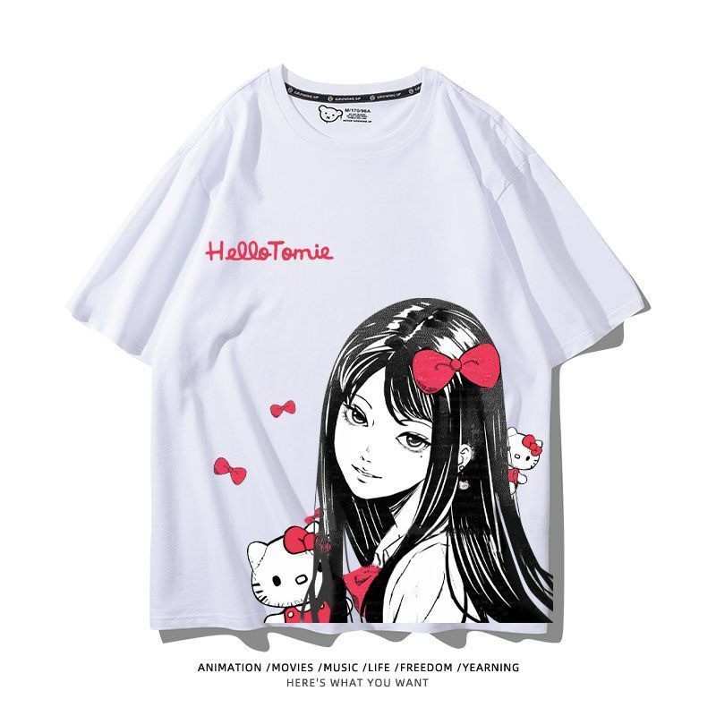 Junji Ito x Sanrio Hello Kitty Tomie เสื้อยืดแขนสั้น unisex คอสเพลย์สินค้าอนิเมะ