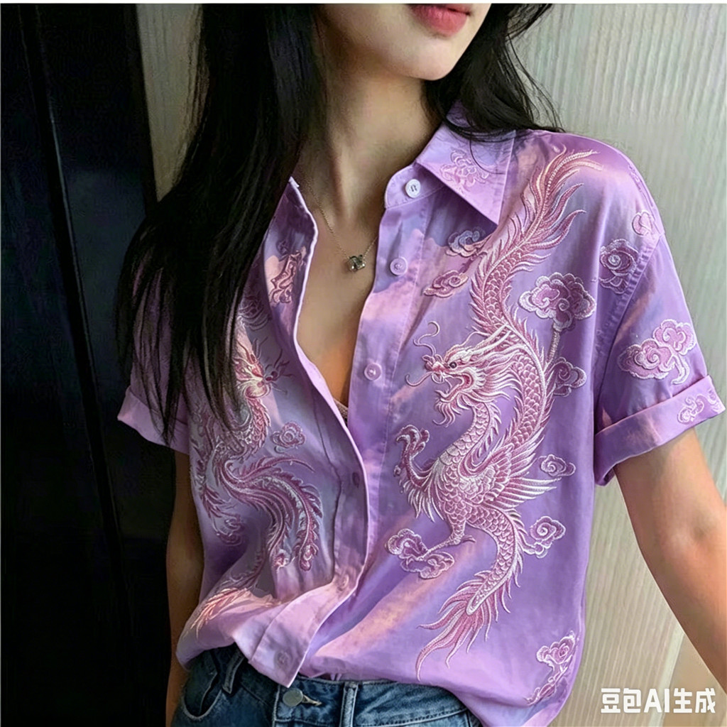 เสื้อเชิ้ตแขนสั้นสีม่วงลายมังกรสไตล์จีนผู้หญิง