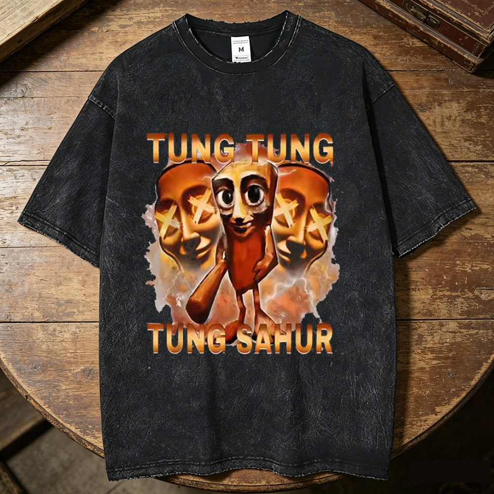 Tung Tung Sahur Vintage Washed cotton tshirt วัยรุ่น 80s University Digital anime เสื้อ 2000s Pop Cu