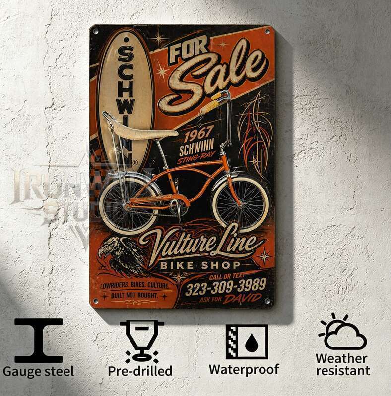 ขาย 1967 Schwinn Sting-Ray Vulture Line Bike Shop ป้ายโลหะที่กําหนดเองฟรีออกแบบสําหรับโรงรถ Man Cave